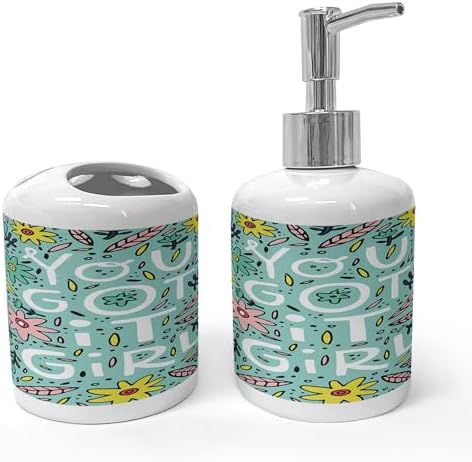 Ambesonne Feminist Soap Dispenser Toothbrush Holder Set 2 Pcs Seafoam Pale Pink