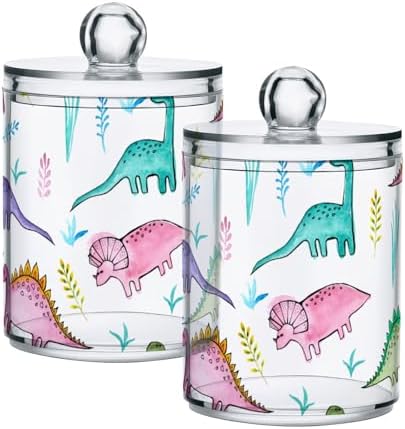 Funny Dinosaur Qtip Holder 2 Pack - 10 Oz Clear Plastic Apothecary Jar Set
