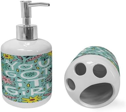 Ambesonne Feminist Soap Dispenser Toothbrush Holder Set 2 Pcs Seafoam Pale Pink