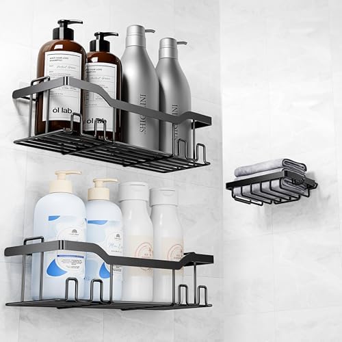 3 Pack Adhesive Shower Caddy Set with 8 Hooks and Soap Holder