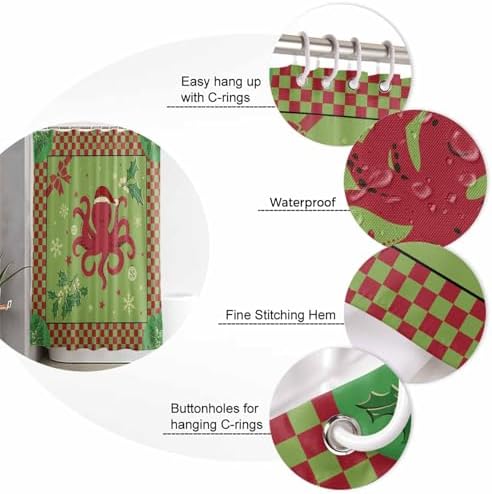 72 Inches Christmas Octopus Shower Curtain Set with 12 Hooks