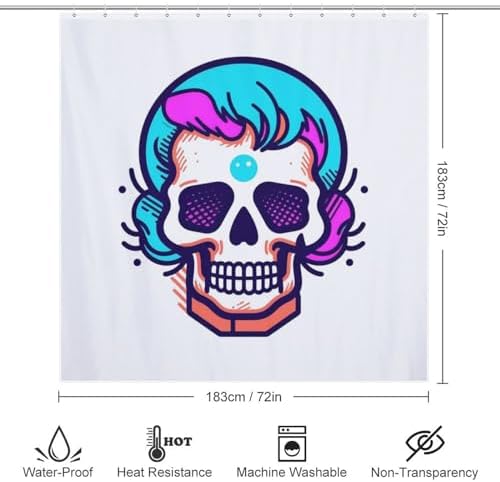 Cartoon Skull Shower Curtain Set 72x72in Red Blue Waterproof Design with 12 Hooks