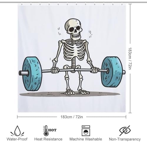 Weightlifting Skeleton Shower Curtain Set with 12 Hooks 72x72in