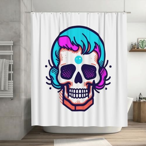 Cartoon Skull Shower Curtain Set 72x72in Red Blue Waterproof Design with 12 Hooks