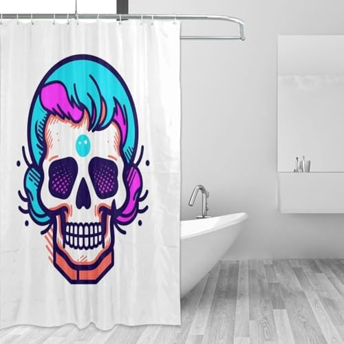 Cartoon Skull Shower Curtain Set 72x72in Red Blue Waterproof Design with 12 Hooks