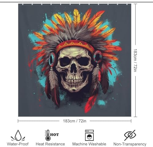 Red Feather Skull Boho Shower Curtain Set