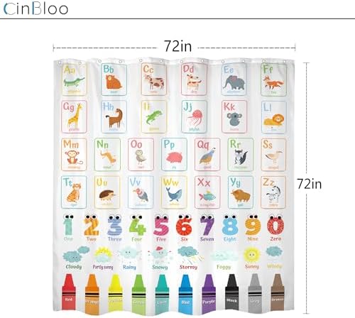Cinbloo Alphabet ABC Kids Shower Curtain Set 72x72 with 12 Hooks