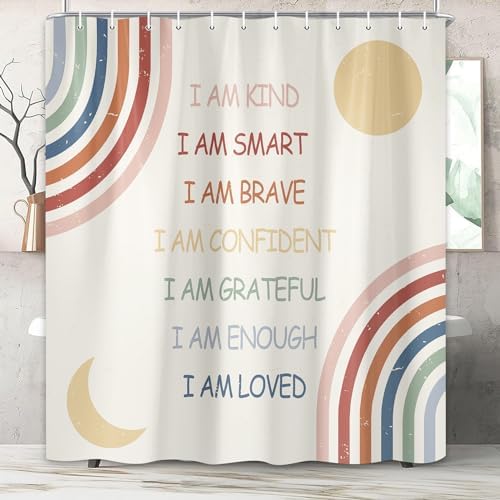 Rainbow Pattern Shower Curtain with 12 Hooks for Kids and Teens