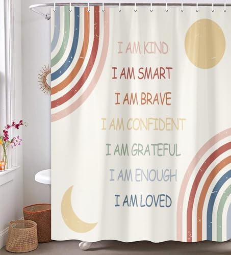 Rainbow Pattern Shower Curtain with 12 Hooks for Kids and Teens