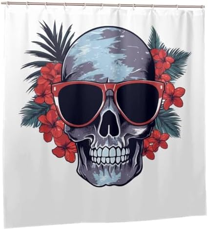 Red Skull Pattern Waterproof Shower Curtain Set with 12 Hooks