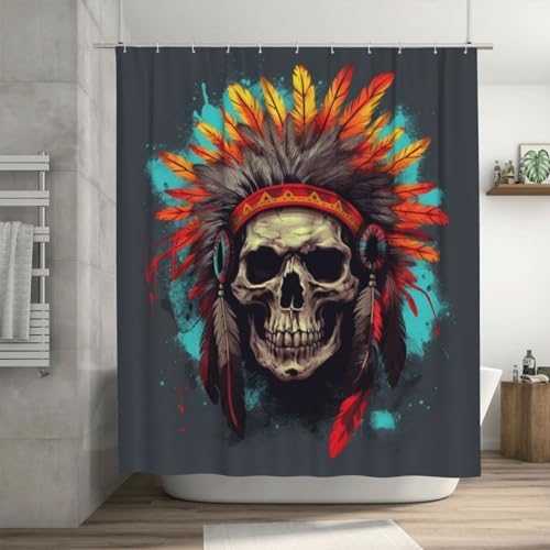 Red Feather Skull Boho Shower Curtain Set