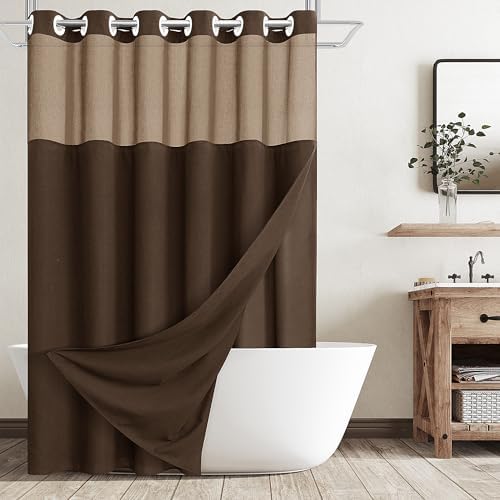 No Hooks Linen Shower Curtain Set 72x78 Brown with See-Through Window