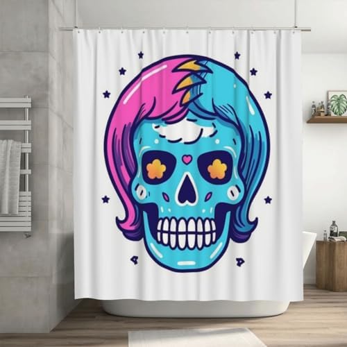 Red Blue Skull Shower Curtain Set with 12 Hooks 72x72in