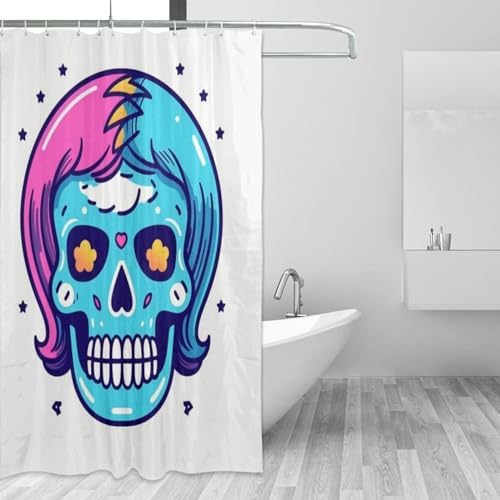 Red Blue Skull Shower Curtain Set with 12 Hooks 72x72in