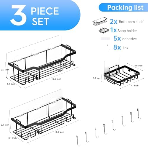 3 Pack Adhesive Shower Caddy Set with 8 Hooks and Soap Holder