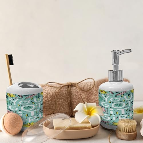 Ambesonne Feminist Soap Dispenser Toothbrush Holder Set 2 Pcs Seafoam Pale Pink