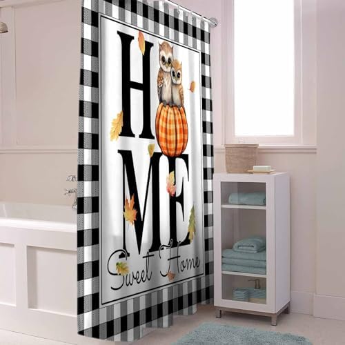 72 Inches Plaid Owl Shower Curtain Set with 12 Hooks
