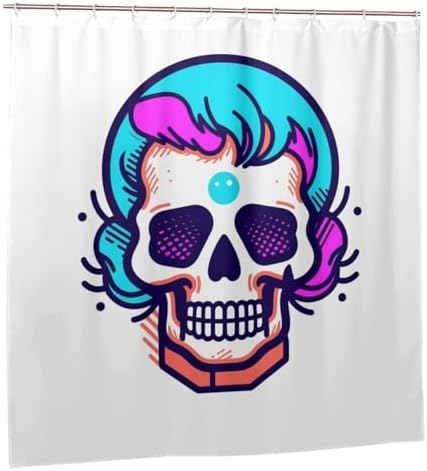 Cartoon Skull Shower Curtain Set 72x72in Red Blue Waterproof Design with 12 Hooks