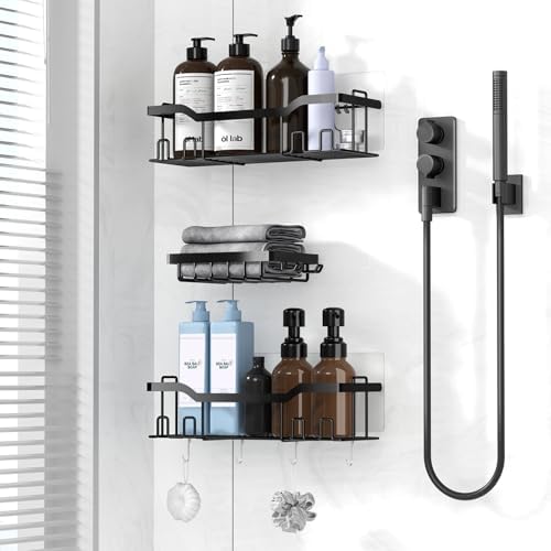 3 Pack Adhesive Shower Caddy Set with 8 Hooks and Soap Holder