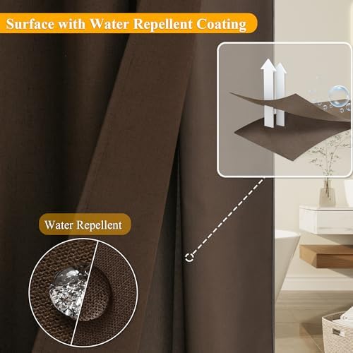 No Hooks Linen Shower Curtain Set 72x78 Brown with See-Through Window