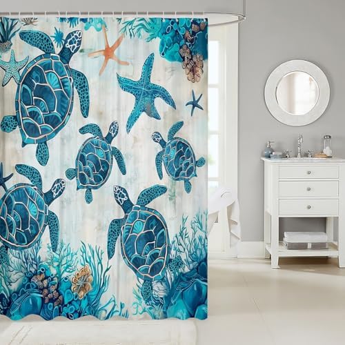 Kids Turtle Fabric Shower Curtain with 17 Hooks
