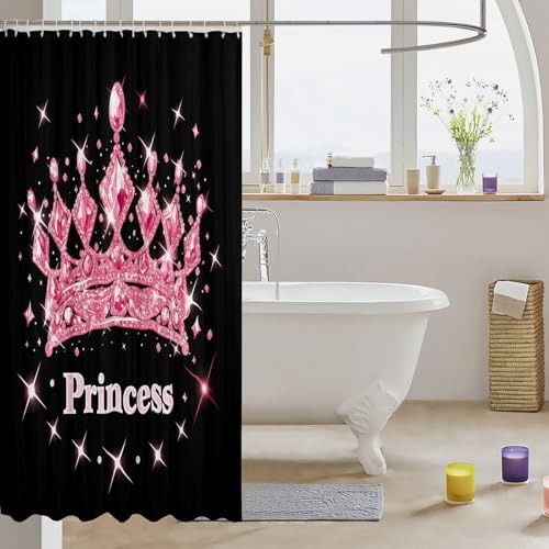 Erosebridal Pink and Black Shower Curtain Set with 12 Hooks