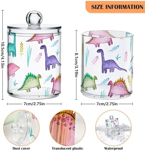 Funny Dinosaur Qtip Holder 2 Pack - 10 Oz Clear Plastic Apothecary Jar Set