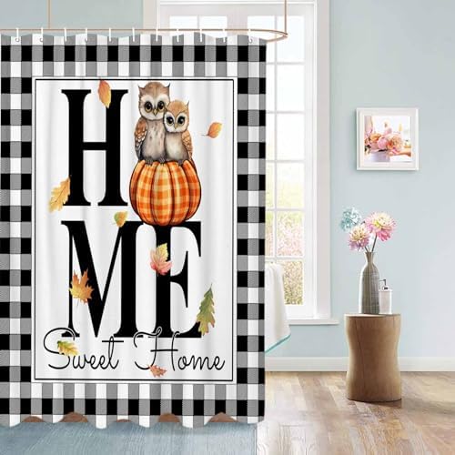 72 Inches Plaid Owl Shower Curtain Set with 12 Hooks