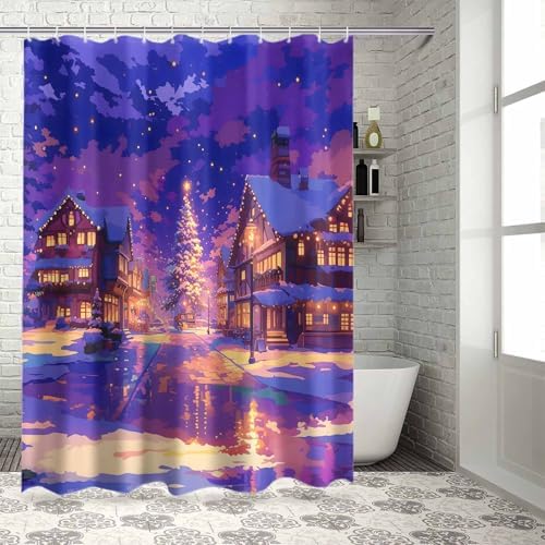 72 Inch Cartoon Purple Christmas Shower Curtain Set with 12 Hooks