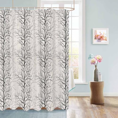 72 Inches Black Tree Branch Shower Curtain Set with 12 Hooks