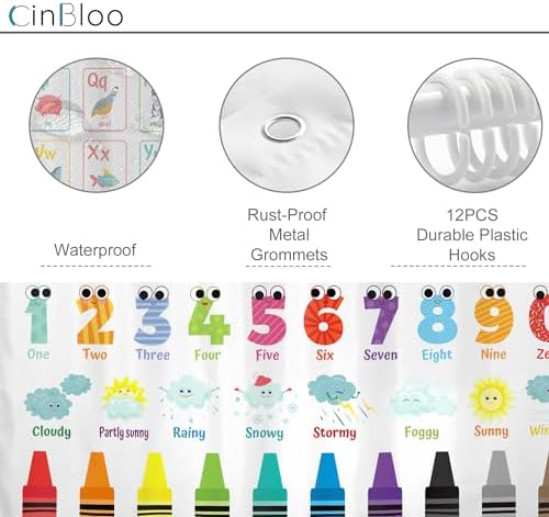 Cinbloo Alphabet ABC Kids Shower Curtain Set 72x72 with 12 Hooks