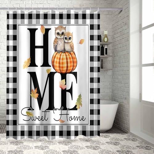 72 Inches Plaid Owl Shower Curtain Set with 12 Hooks
