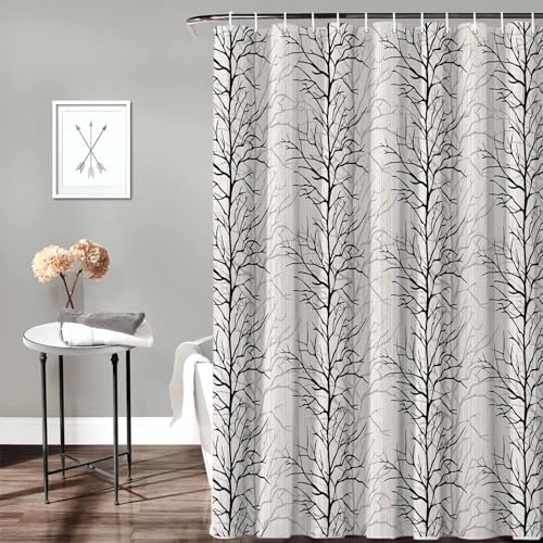 72 Inches Black Tree Branch Shower Curtain Set with 12 Hooks