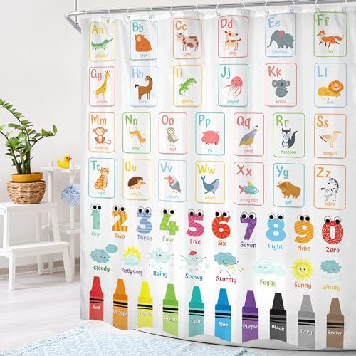 Cinbloo Alphabet ABC Kids Shower Curtain Set 72x72 with 12 Hooks