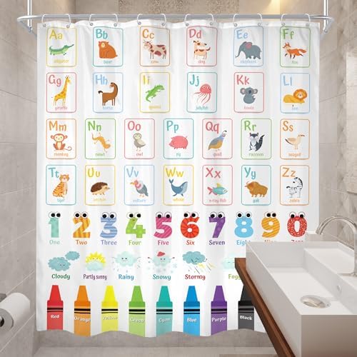 Cinbloo Alphabet ABC Kids Shower Curtain Set 72x72 with 12 Hooks