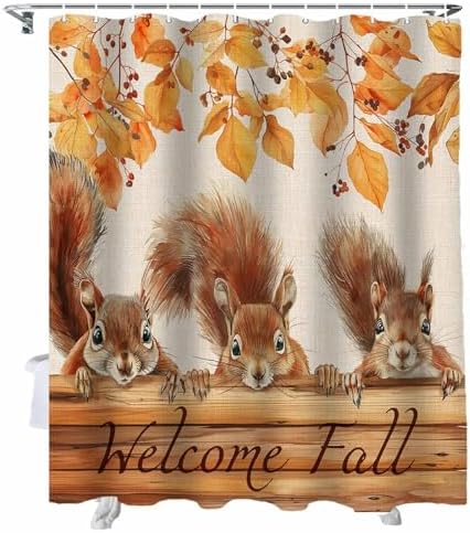 72 Inches Squirrels Fall Wood Ginkgo Shower Curtain Set with 12 Hooks