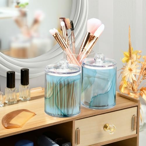 Blue Wave Marble Qtip Holder Dispenser with Lids 4PCS Set