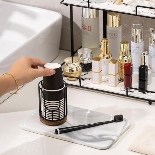 QTTCMY 2PCS Bathroom Cup Dispenser with Acacia Wood Stand Black