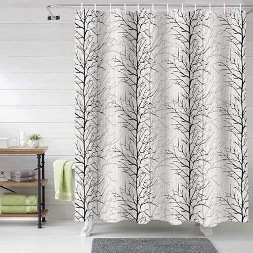 72 Inches Black Tree Branch Shower Curtain Set with 12 Hooks