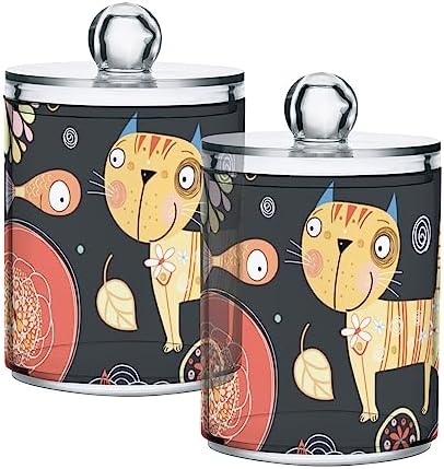 Cute Cat Qtip Holder 2 Pack Clear Plastic Canister Set