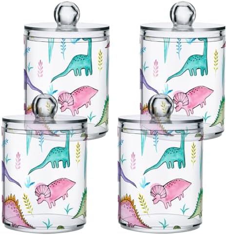 Funny Dinosaur Qtip Holder 2 Pack - 10 Oz Clear Plastic Apothecary Jar Set