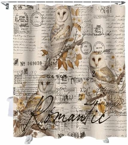 72 Inches Retro Bird Owl Flower Shower Curtain Set with 12 Hooks