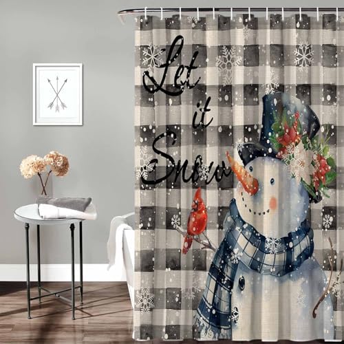 Funnywall88 72 Inches Retro Gray Plaid Snowman Shower Curtain Set