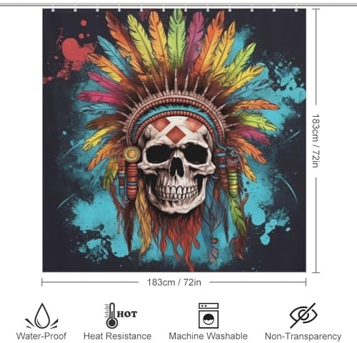 TIYAANDSY Blue Feather Skull Shower Curtain Set 72x72in