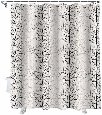 72 Inches Black Tree Branch Shower Curtain Set with 12 Hooks