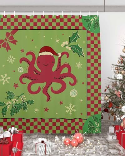 72 Inches Christmas Octopus Shower Curtain Set with 12 Hooks