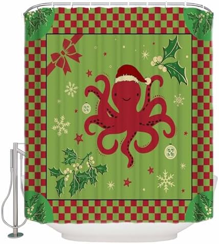 72 Inches Christmas Octopus Shower Curtain Set with 12 Hooks