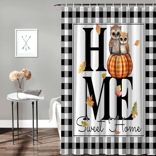 72 Inches Plaid Owl Shower Curtain Set with 12 Hooks