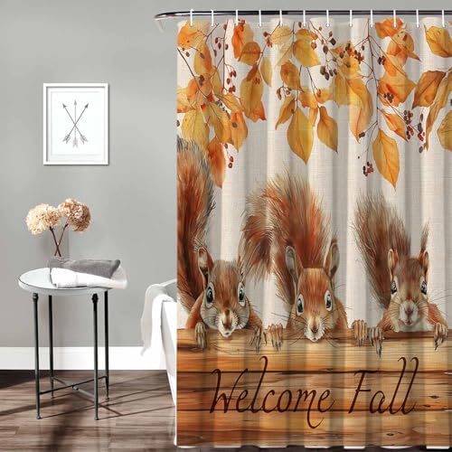 72 Inches Squirrels Fall Wood Ginkgo Shower Curtain Set with 12 Hooks