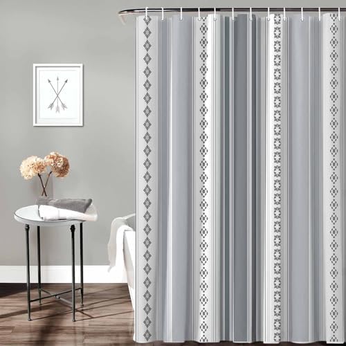 72 Inches Grey Gradient Floral Shower Curtain Set with 12 Hooks